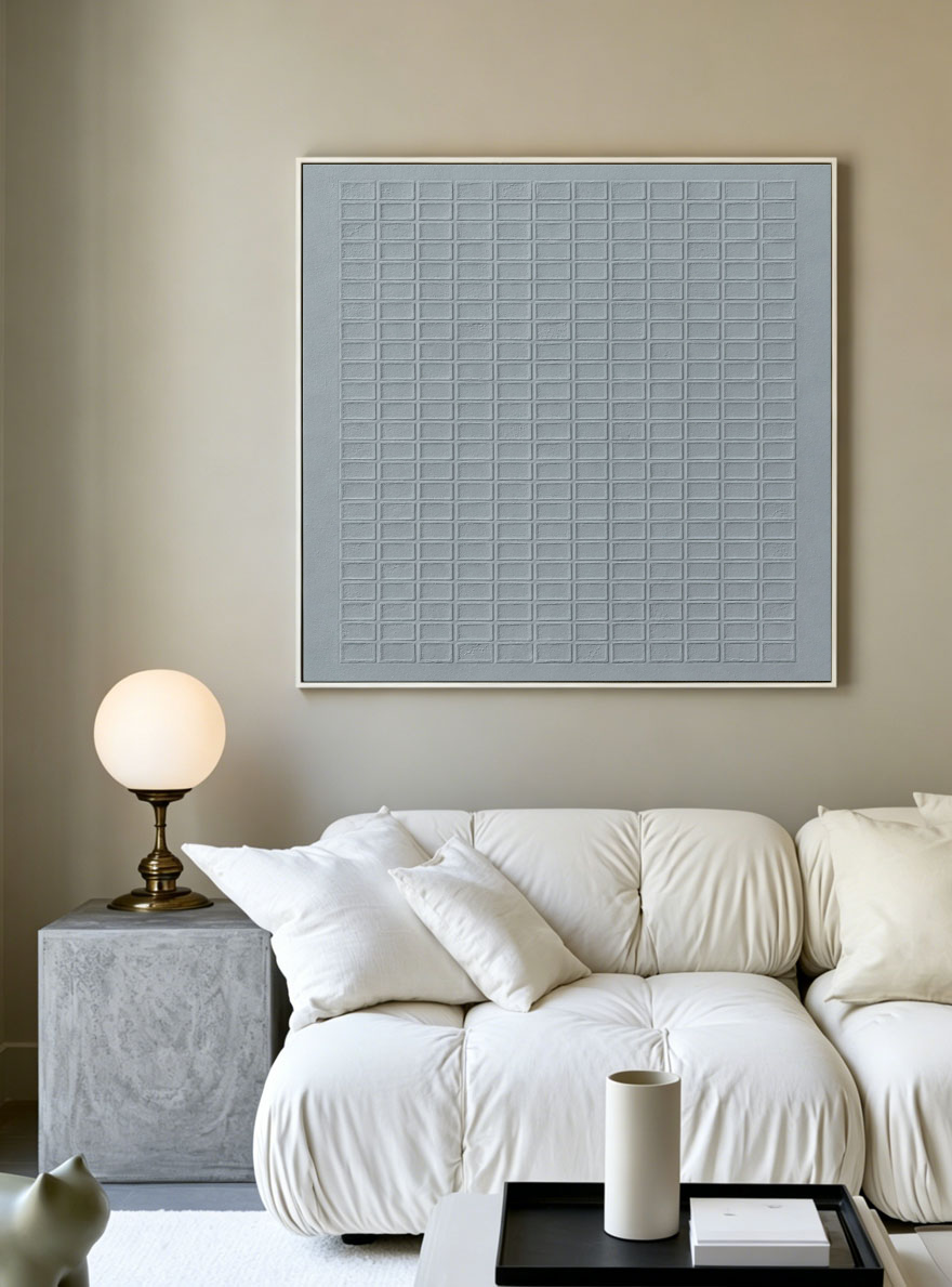 Minimalist Medium Grey Geometric Grid 3D Textured Abstract Wall Art for Living Room Office Bedroom Modern Neutral Home Decor