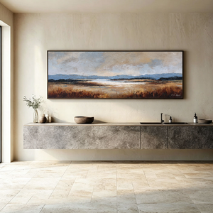 Vintage Landscape Wall Art - Panoramic Muted Marshland Acrylic Painting