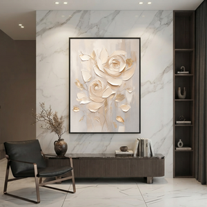 Flower and Tree Textured Beige Soft Gray Gold Acrylic-Style 3D Relief Vertical Wall Art for Living Room