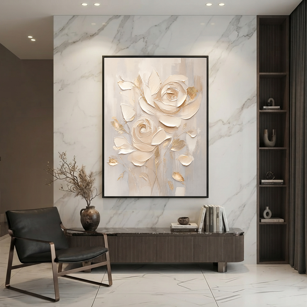 Flower and Tree Textured Beige Soft Gray Gold Acrylic-Style 3D Relief Vertical Wall Art for Living Room
