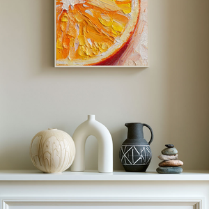 Vibrant Close-Up Orange Citrus Slice Impasto Wall Art Thick Textured Knife Brush Strokes Modern Colorful Abstract Fruit Painting for Kitchen Dining Living Room Bedroom Office Hallway