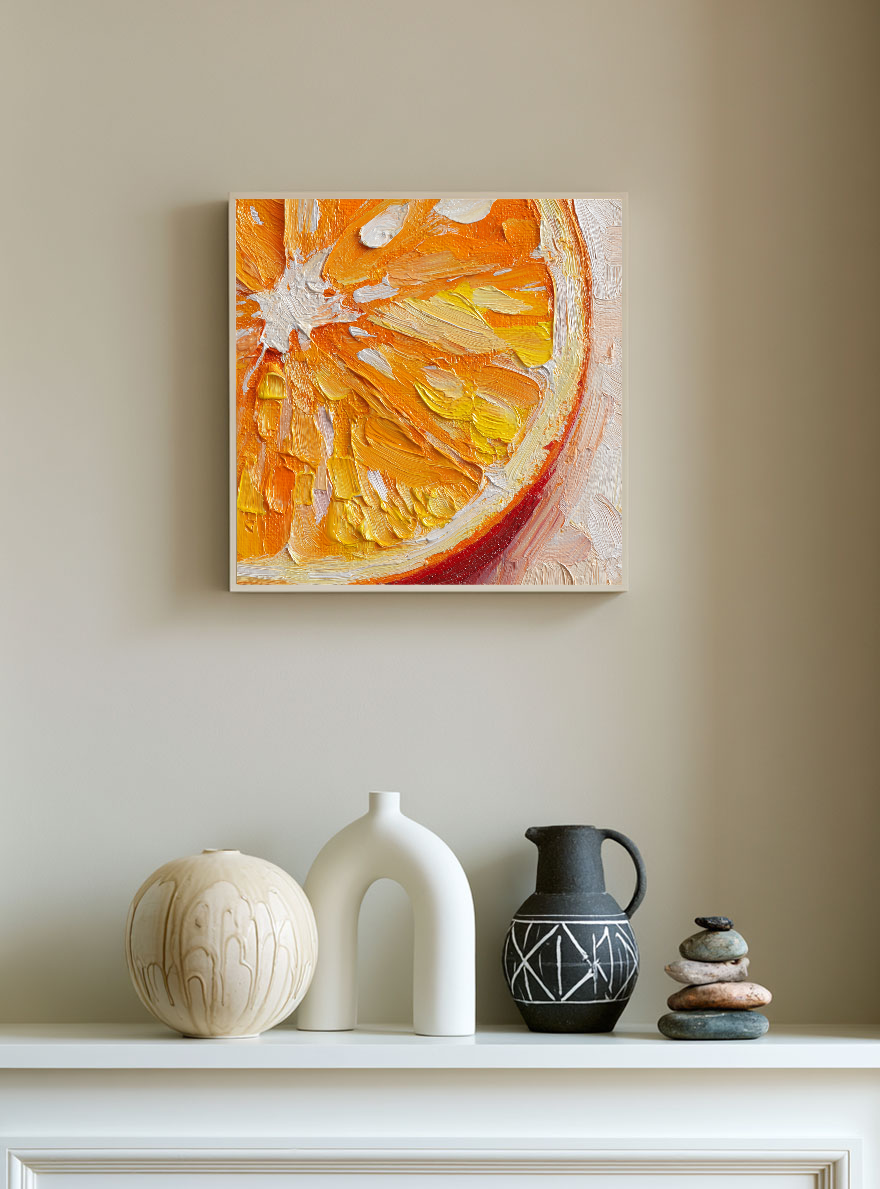Vibrant Close-Up Orange Citrus Slice Impasto Wall Art Thick Textured Knife Brush Strokes Modern Colorful Abstract Fruit Painting for Kitchen Dining Living Room Bedroom Office Hallway