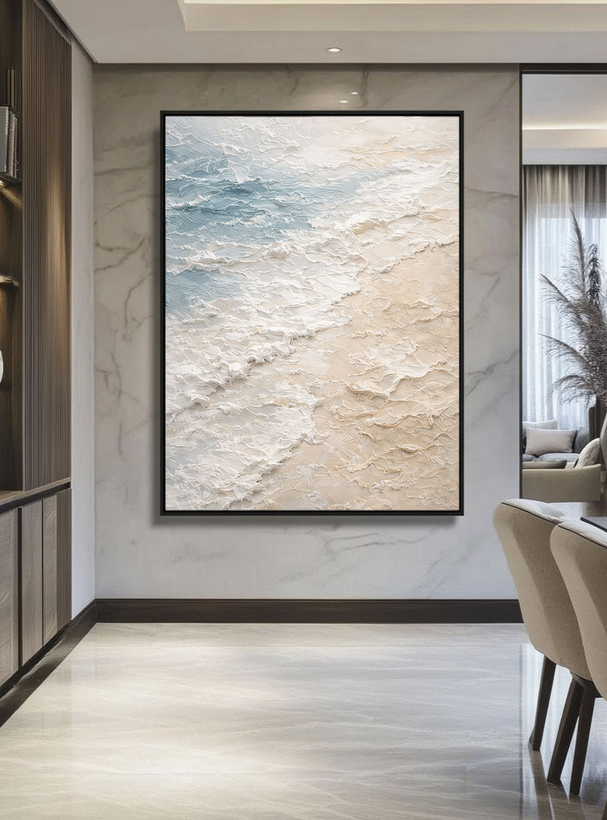 Thick Impasto Ocean and Sky Beach Textured Wall Art, Abstract Coastal Painting with Blue, White, Beige Waves, Calm Modern Framed Seascape Artwork for Living Room Bedroom Office Hallway Dining Room