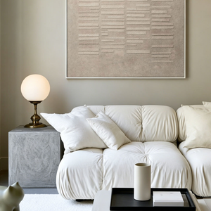 Minimalist Neutral Beige Light Grey Geometric Line Textured Plaster Abstract Square Wall Art for Modern Minimal Living Spaces