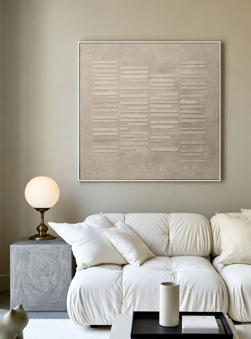 Minimalist Neutral Beige Light Grey Geometric Line Textured Plaster Abstract Square Wall Art for Modern Minimal Living Spaces