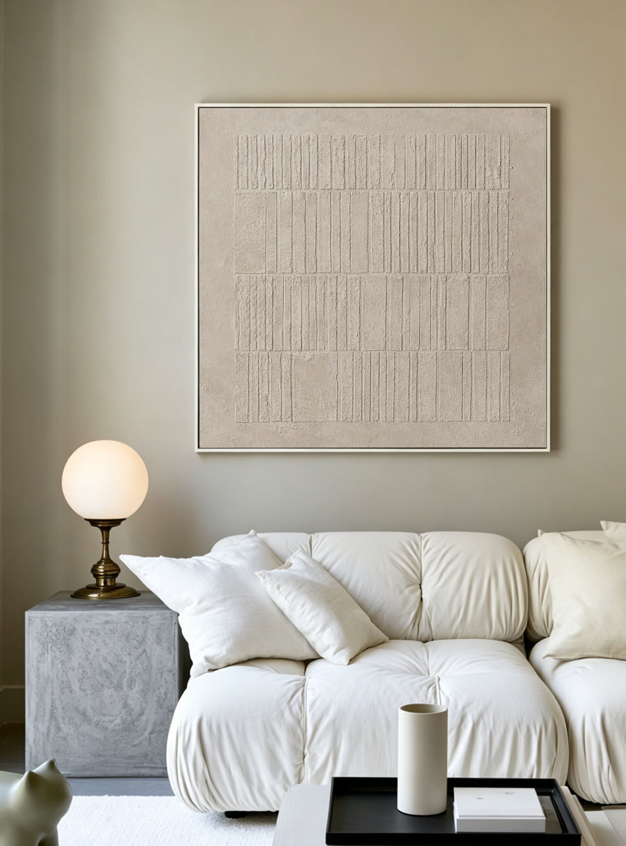 Minimalist Beige Geometric Line Textured Plaster Wall Art Abstract Neutral Tone Square Relief Artwork for Modern Living Room Bedroom Office Dining Room Hallway Wabi Sabi Inspired