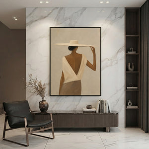 Elegant Silhouette of Woman with Wide-Brimmed Hat in a contemporary living room with marble wall