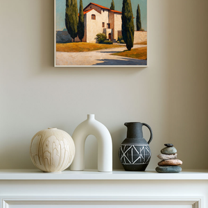 Modern Blue and Beige Tuscan Villa Textured Impasto Painting | Hand-Painted Canvas