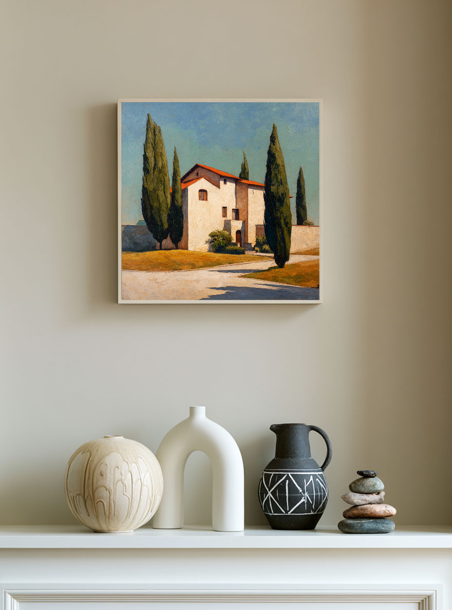 Modern Blue and Beige Tuscan Villa Textured Impasto Painting | Hand-Painted Canvas