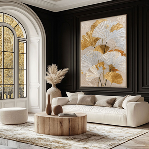 Elegant Textured Gold and White Ginkgo Leaves Floral Wall Art for Modern Home Decor, Botanical Print with Thick Impasto Paint Texture, Beige Background Wall Hanging for Living Room Bedroom Dining Room Office Hallway