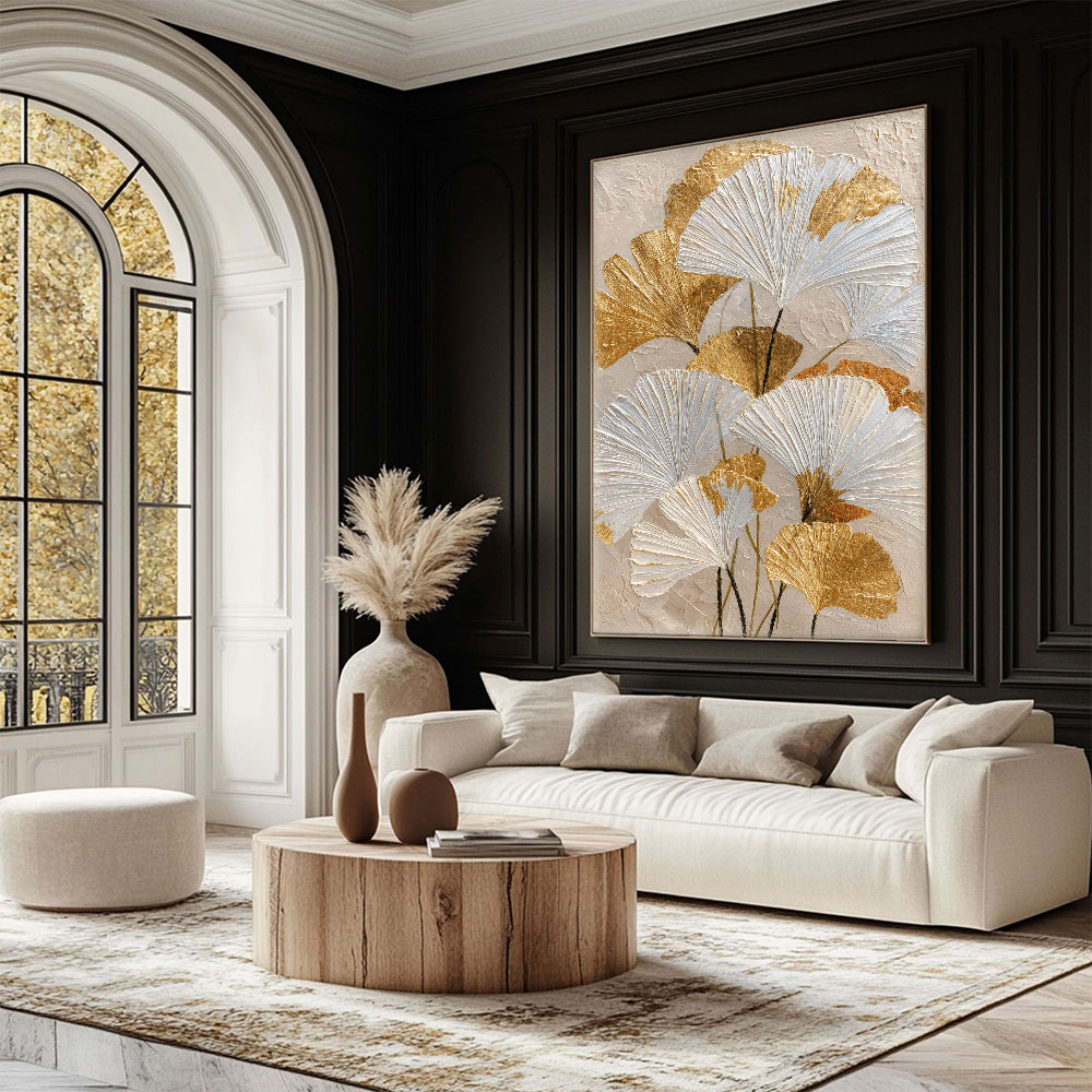 Elegant Textured Gold and White Ginkgo Leaves Floral Wall Art for Modern Home Decor, Botanical Print with Thick Impasto Paint Texture, Beige Background Wall Hanging for Living Room Bedroom Dining Room Office Hallway