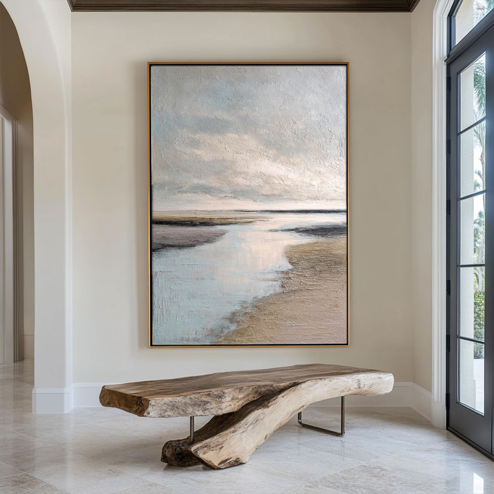 Serene Textured Coastal Horizon Landscape Impasto Wall Art Muted Light Grey Soft Blue Warm Beige Earthy Brown Sand Beach Seaside Calming Ocean Sky Scenery for Modern Living Room Bedroom Office Dining Room Hallway Decor