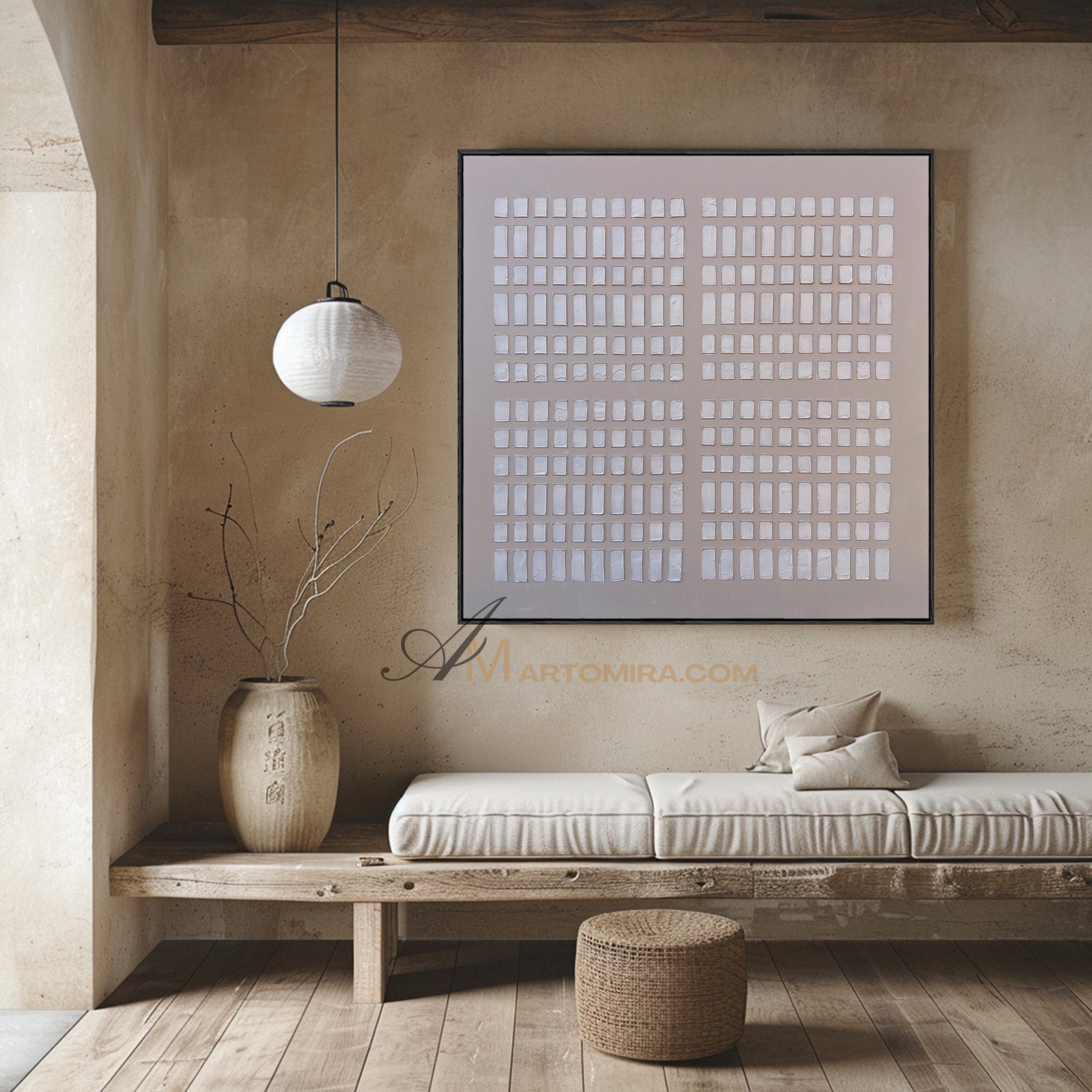 Wabi-Sabi Minimalist Beige Textured Grid Painting | Modern Geometric Square Canvas | Serene Abstract Wall Art | Minimal Home Decor