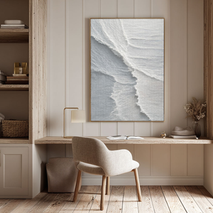 Minimalist Abstract White Light Grey Textured Impasto Wall Art – Soft Layered Neutral Waves Calming Modern Home Decor for Contemporary Office, Hallway, Bedroom, Living Room & Dining Room