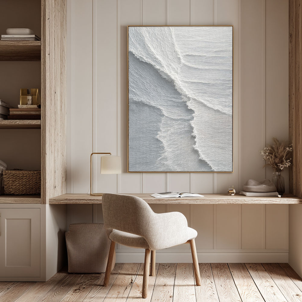 Minimalist Abstract White Light Grey Textured Impasto Wall Art – Soft Layered Neutral Waves Calming Modern Home Decor for Contemporary Office, Hallway, Bedroom, Living Room & Dining Room