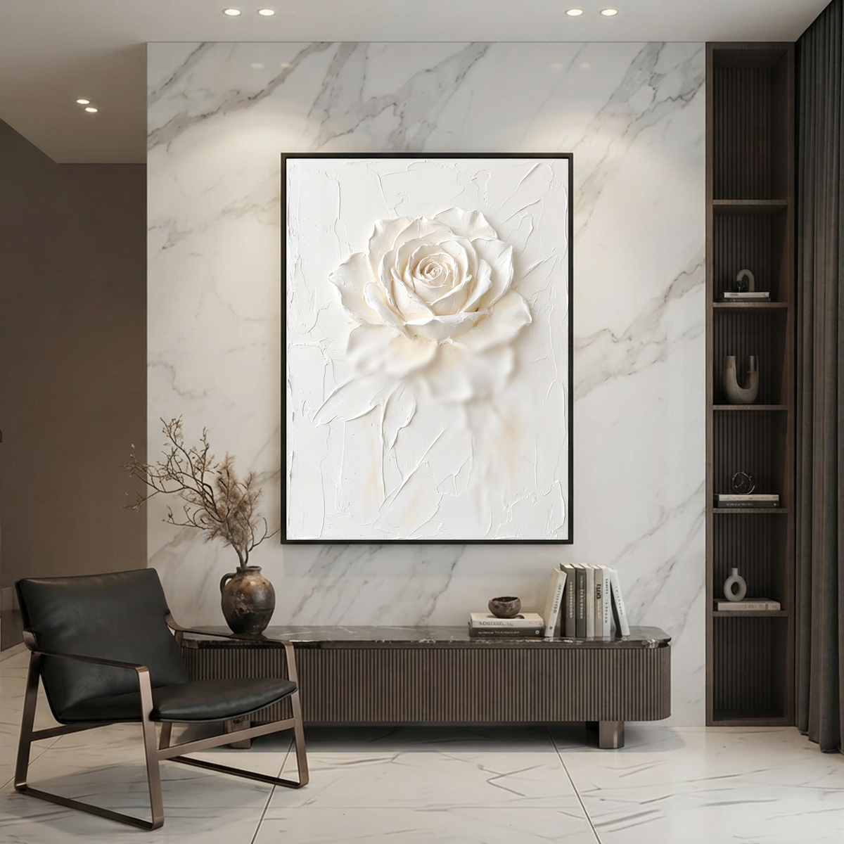 White And Light Beige Textured 3D Relief Flower Vertical Wall Art For Bedroom Living Room