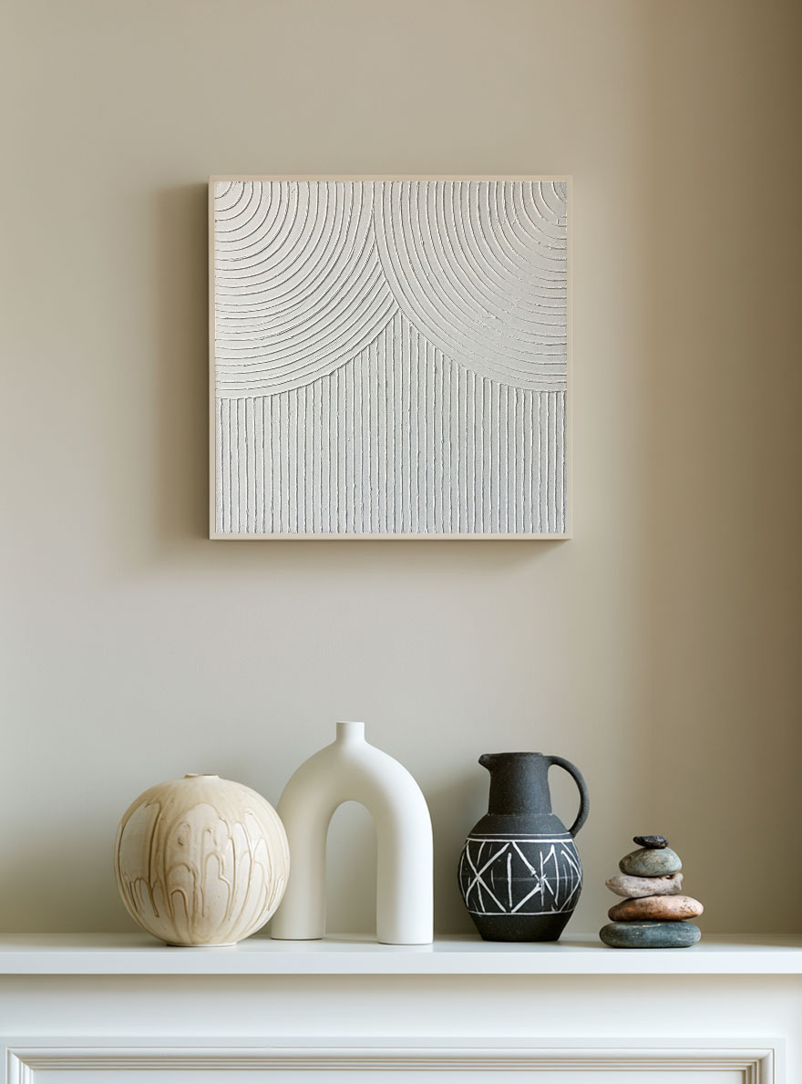 Minimalist White Abstract Geometric Lines Textured Wall Art Framed Square Modern Decor for Neutral Spaces