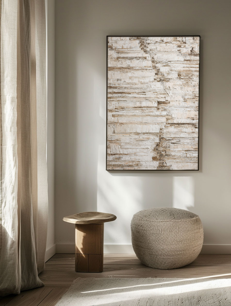 Minimalist Neutral Abstract Textured Canvas Wall Art for Modern Home Decor, Impasto Paint with Thick Brush/Knife Stacked Layers, Beige White Brown Earth Tone Block Pattern, Framed Wabi-Sabi Inspired Wall Decor for Living Room Bedroom Office Hallway
