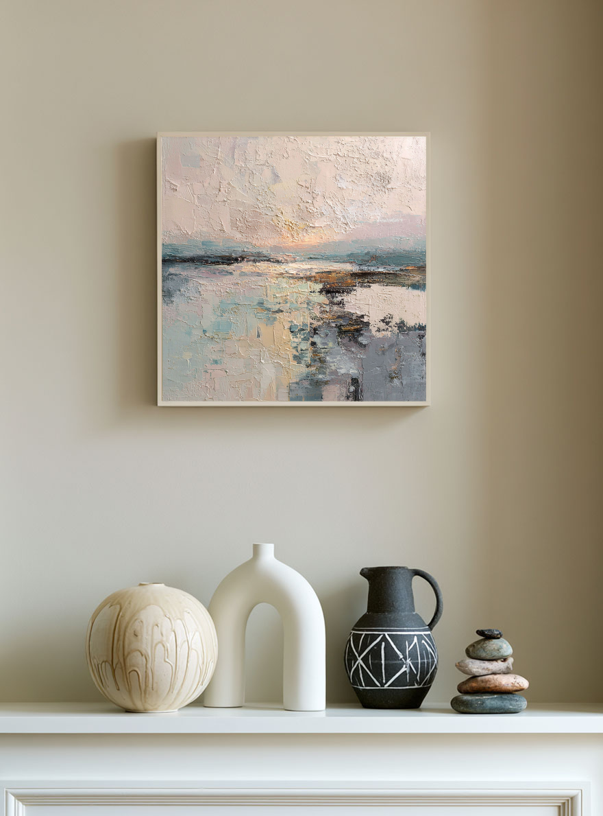 Abstract Ocean Sky Landscape Textured Wall Art, Soft Pink Beige Blue White Impasto Painting for Modern Home Decor, Calm Nature Inspired Artwork for Living Room Bedroom Office