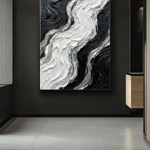 Black and White Abstract Curved Wave Impasto Wall Art Modern Thick Textured Knife Brush Stroked Painting Monochrome Flow Artwork Large Bold Minimalist Decor for Living Room Bedroom Office Dining Room Hallway