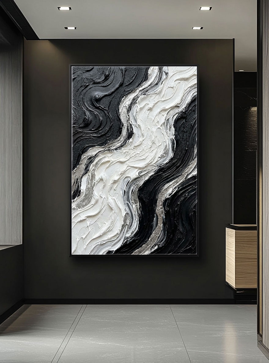 Black and White Abstract Curved Wave Impasto Wall Art Modern Thick Textured Knife Brush Stroked Painting Monochrome Flow Artwork Large Bold Minimalist Decor for Living Room Bedroom Office Dining Room Hallway