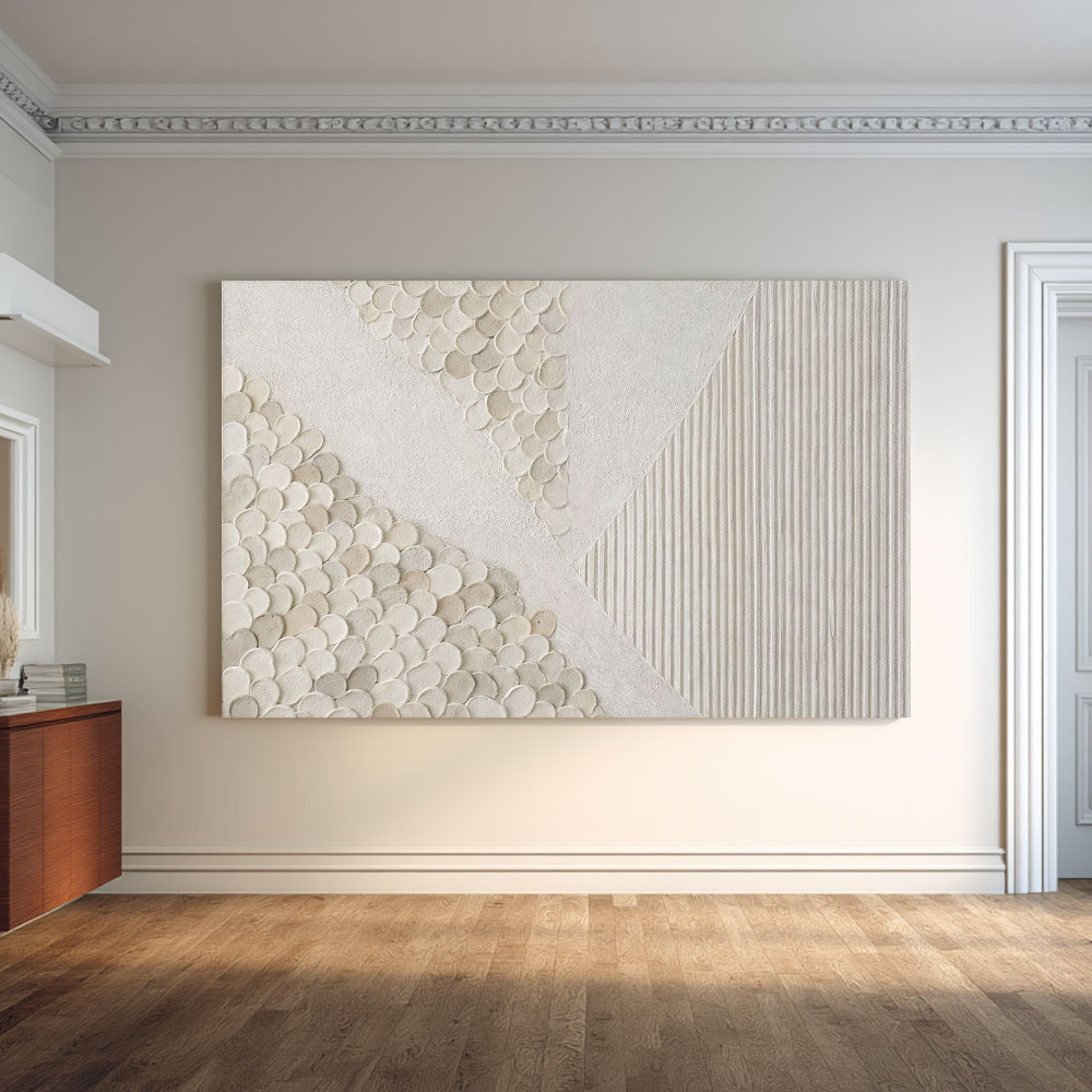 Minimalist Abstract Textured Geometric Wall Art, Neutral Beige White Light Grey Wall Decor with Asymmetrical 3D Relief Circles & Lines, Modern Wabi Sabi Wall Art for Living Room Bedroom Office Dining Room Hallway