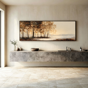 Beige Landscape Wall Art - Misty Forest and Quiet Lake Panoramic Painting