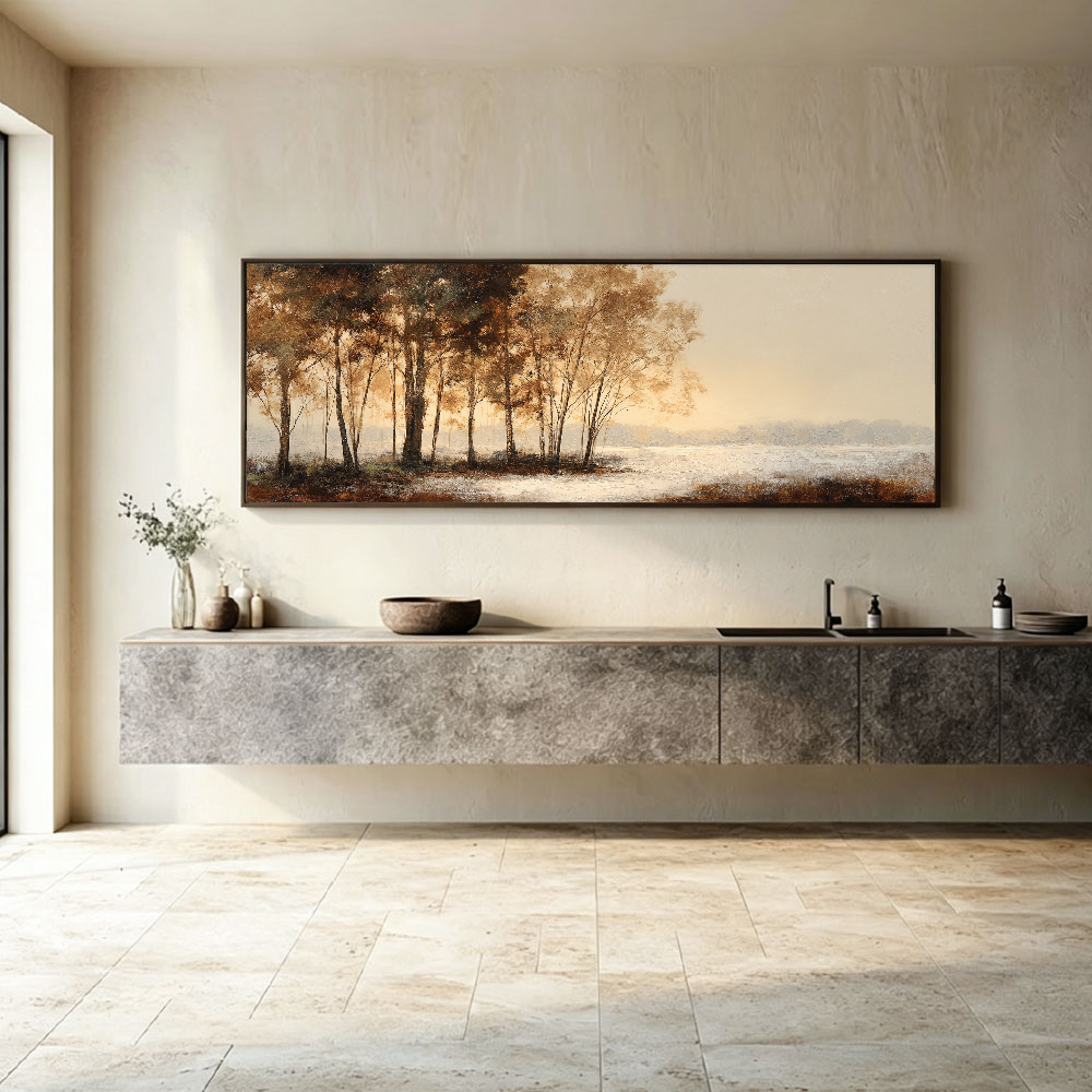 Beige Landscape Wall Art - Misty Forest and Quiet Lake Panoramic Painting