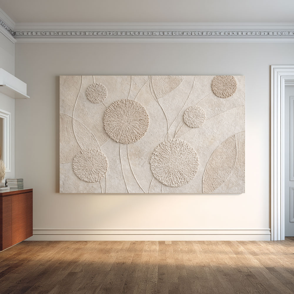 Minimalist Textured Beige White Abstract Floral Circular Lines Plaster Wall Art for Modern Neutral Living Room Bedroom Hallway Office Dining Room Interiors