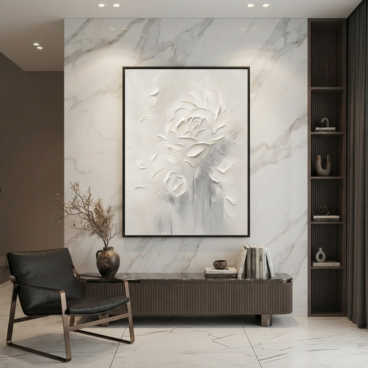 White And Soft Gray Textured Flower Vertical Acrylic-Style Wall Art for Living Room