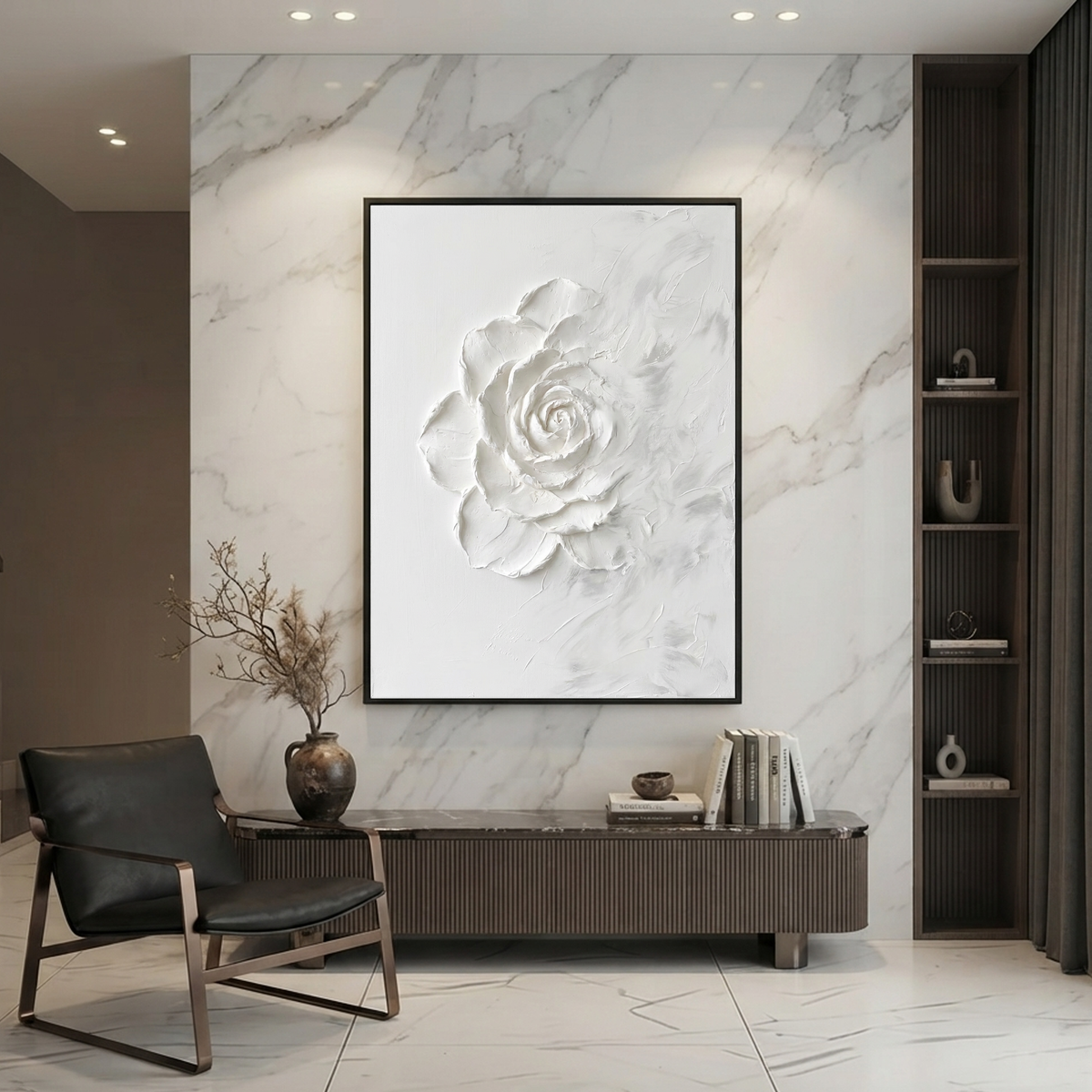 White Textured Flower Vertical Wall Art with Plaster-Style Texture for Living Room or Bedroom