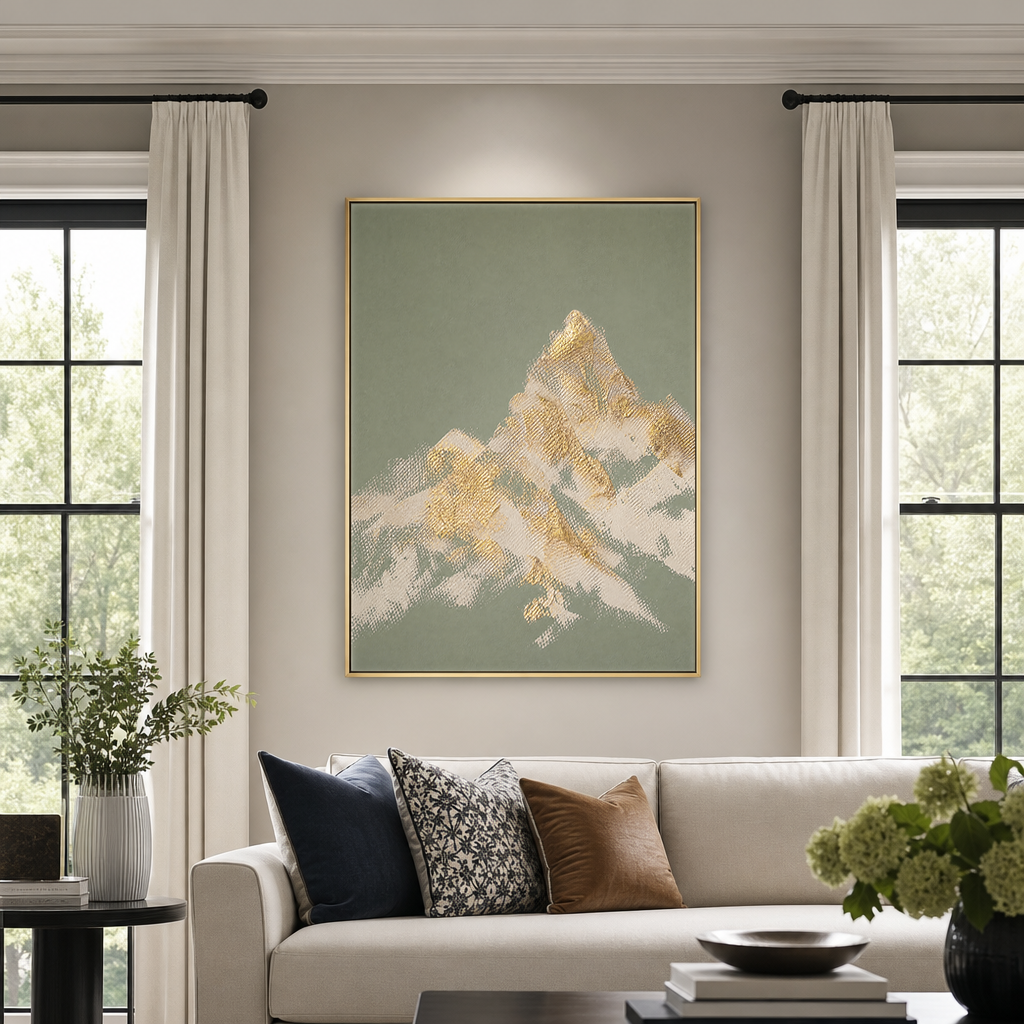 Abstract Textured Sage Green Gold Beige Landscape Vertical Wall Art for Living Room