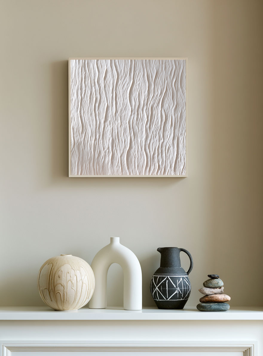 Minimalist White Organic Wavy Textured Abstract Plaster Wall Art Modern Neutral Framed Decor for Contemporary Living Room Bedroom Office Dining Room Hallway