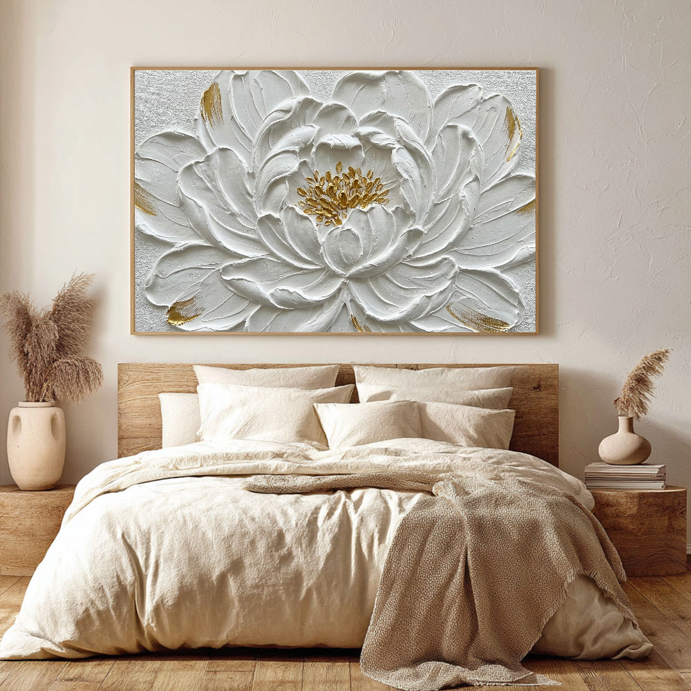 Elegant White Gold 3D Textured Flower Wall Art, Framed Impasto Floral Canvas Artwork for Living Room Bedroom Dining Room Hallway Office Modern Home Decor