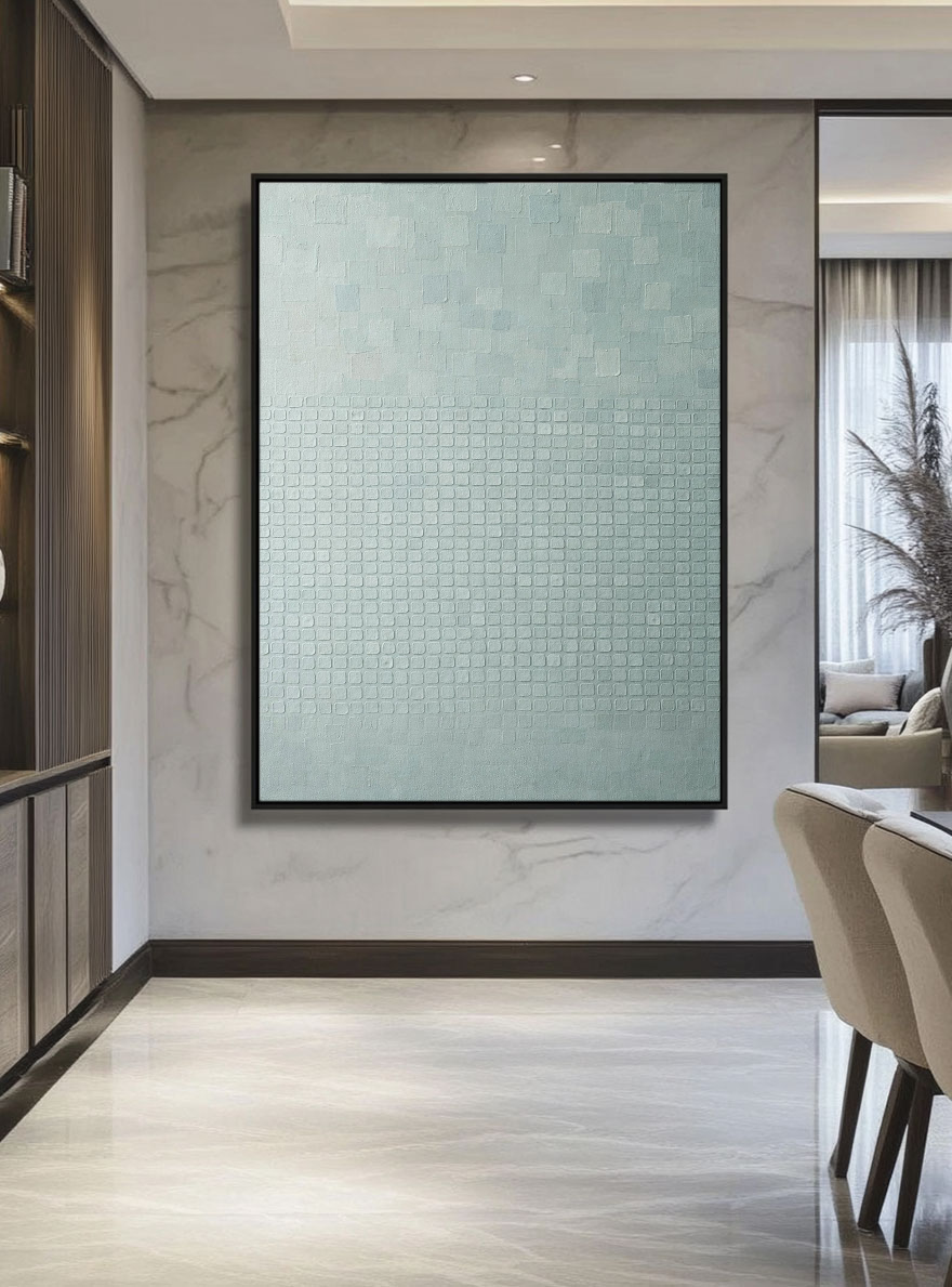 Minimalist Light Blue-Grey Geometric Abstract Textured Wall Art, Subtle Modern Grid and Irregular Block Pattern, Muted Contemporary Wall Decor for Calm Spaces