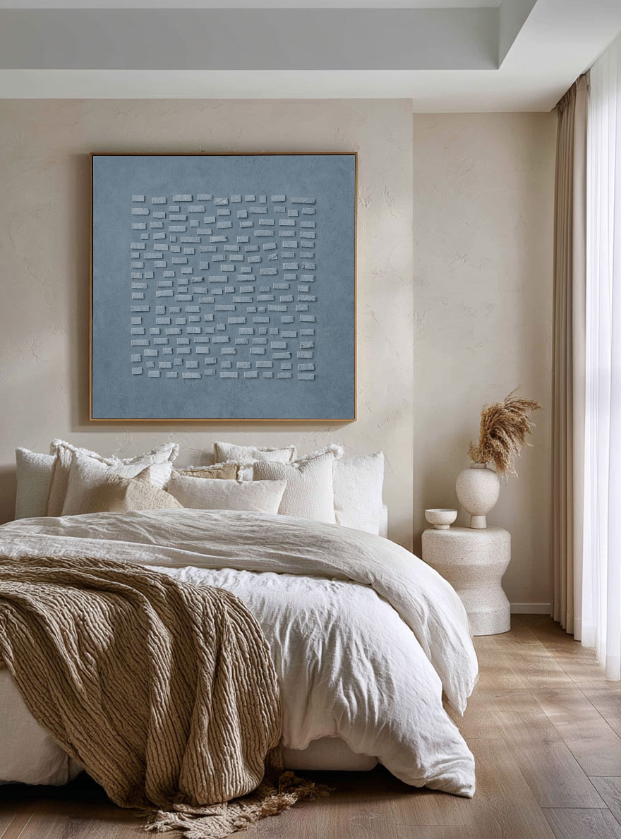 Minimalist Blue Grey 3D Textured Geometric Wall Art, Subtle Raised Block Relief Stretched Canvas Print with Black Frame, Modern Muted Neutral Home Decor for Contemporary Office, Living Room, Bedroom, Hallway & Dining Room