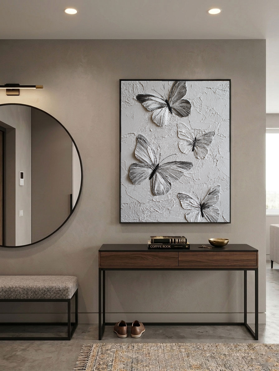 Sophisticated Black and White Textured Butterfly Wall Art, Thick Impasto Relief Minimalist Nature-Inspired Animal Decor for Living Room, Bedroom, Office, Dining Room, and Hallway – Modern Monochrome Canvas Accent Piece