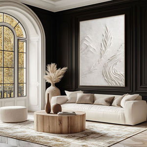 Minimalist 3D Relief Nature-Inspired Plaster Wall Art – Soft White Beige Tone Mountain Leaf Wave Textured Artwork for Modern and Wabi-Sabi Inspired Living Spaces, Calming Bedroom, Professional Office, Cozy Hallway, Elegant Dining Room