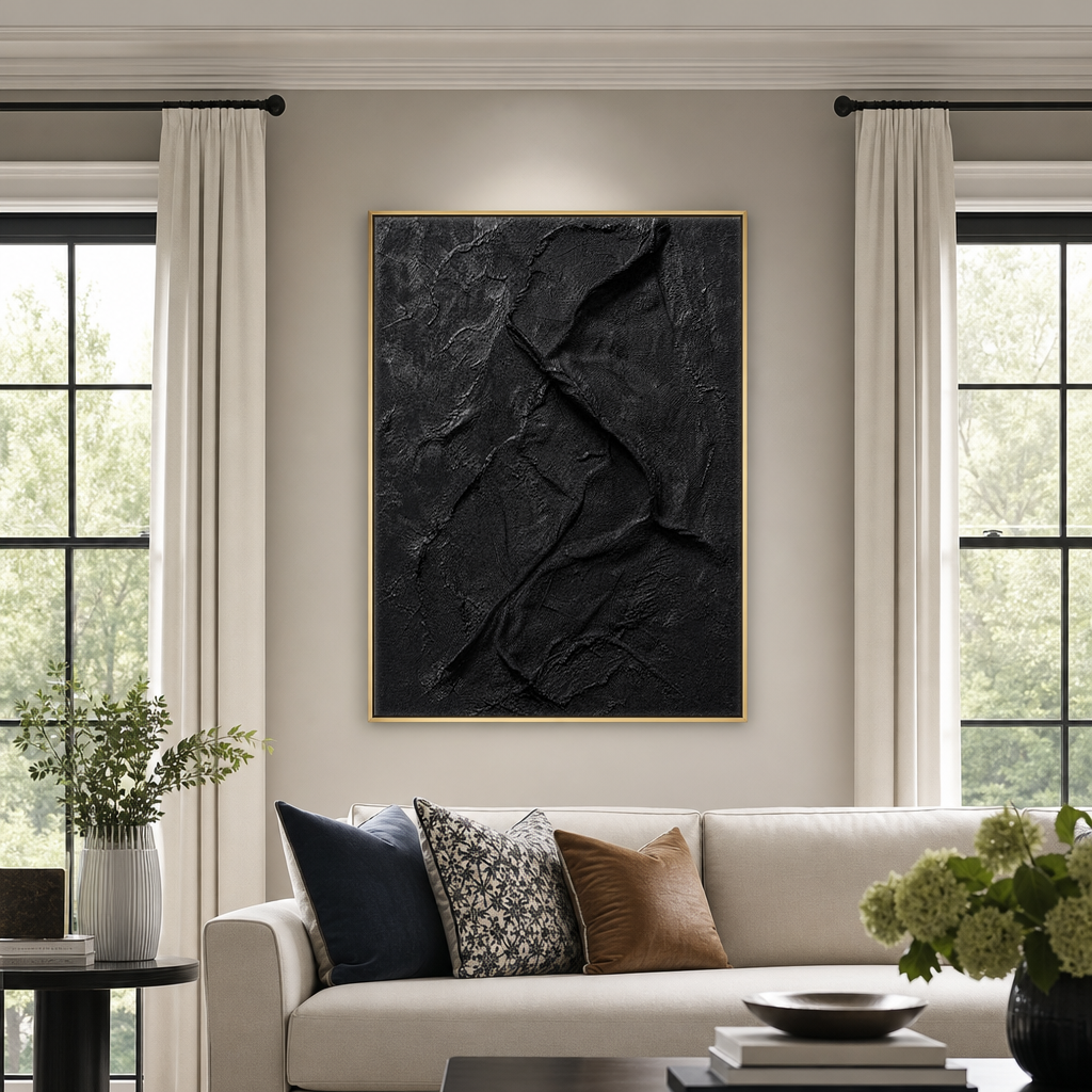 Abstract Black Textured 3D Relief Vertical Wall Art for Living Room