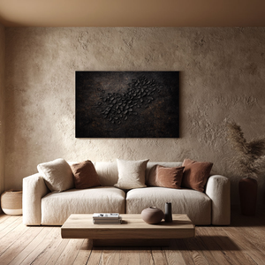 Dark Aesthetic 3D Textured Floral Relief Wall Art with Black Overlapping Petal Sculptures and Aged Worn Brown Earthy Base, Moody Monochrome Botanical Decor for Minimalist Modern Industrial Living Space
