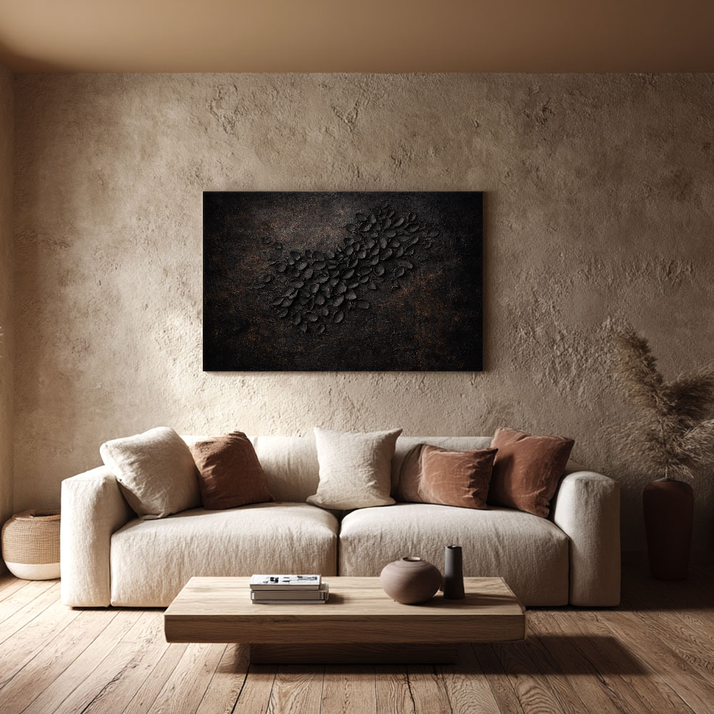 Dark Aesthetic 3D Textured Floral Relief Wall Art with Black Overlapping Petal Sculptures and Aged Worn Brown Earthy Base, Moody Monochrome Botanical Decor for Minimalist Modern Industrial Living Space
