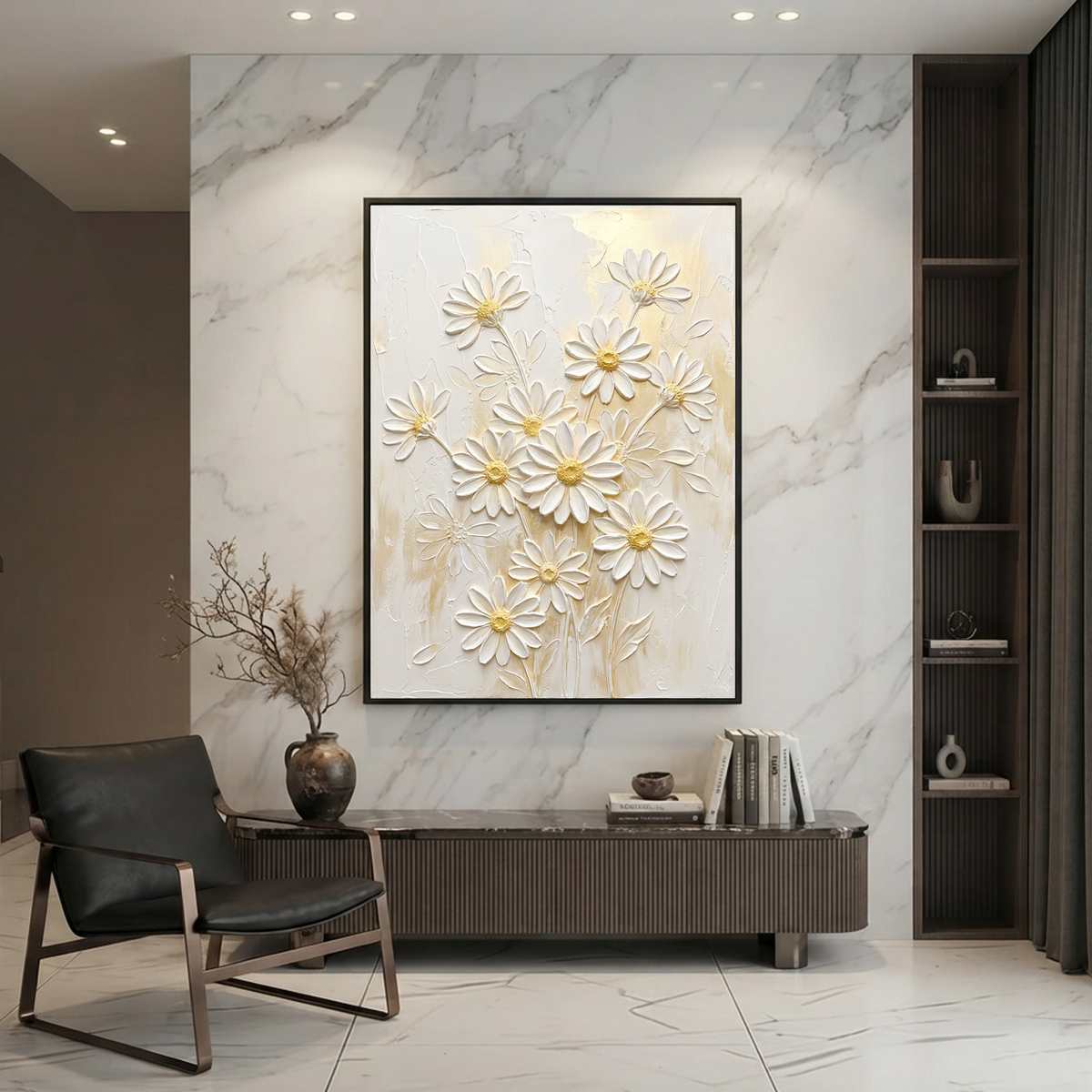 White and Gold Daisy Flower 3D Relief Textured Vertical Wall Art for Living Room