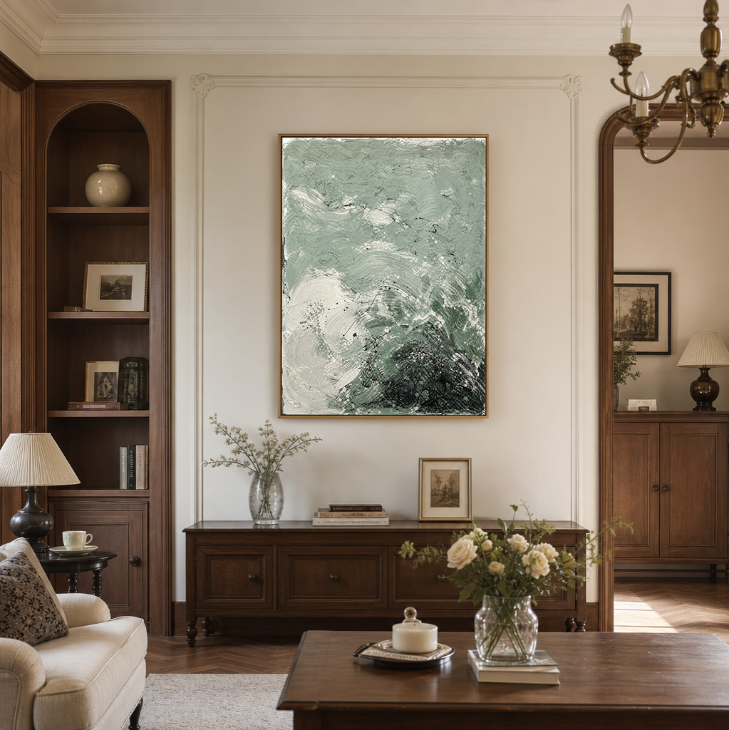 Abstract Textured Sage Green, Black, And Off-White Acrylic-Style Vertical Wall Art for Dining Room or Living Room
