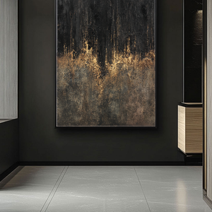 Moody Black Dark Grey Brown Gold Abstract Textured Wall Art Modern Dark Minimalist Impasto Canvas Painting for Contemporary Office Hallway Dining Room Bedroom Living Room Decor