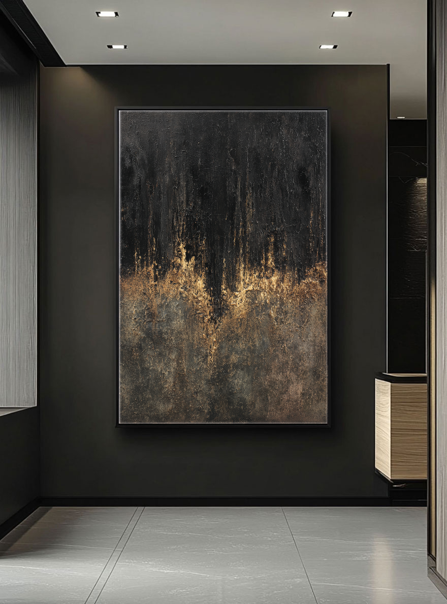 Moody Black Dark Grey Brown Gold Abstract Textured Wall Art Modern Dark Minimalist Impasto Canvas Painting for Contemporary Office Hallway Dining Room Bedroom Living Room Decor