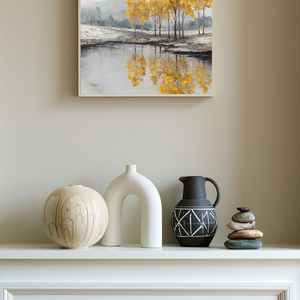 Golden Tree Reflection Landscape Wall Art Textured Impasto Framed Artwork Muted Grey White Lake Scene Wall Decor for Living Room Bedroom Office Dining Hallway