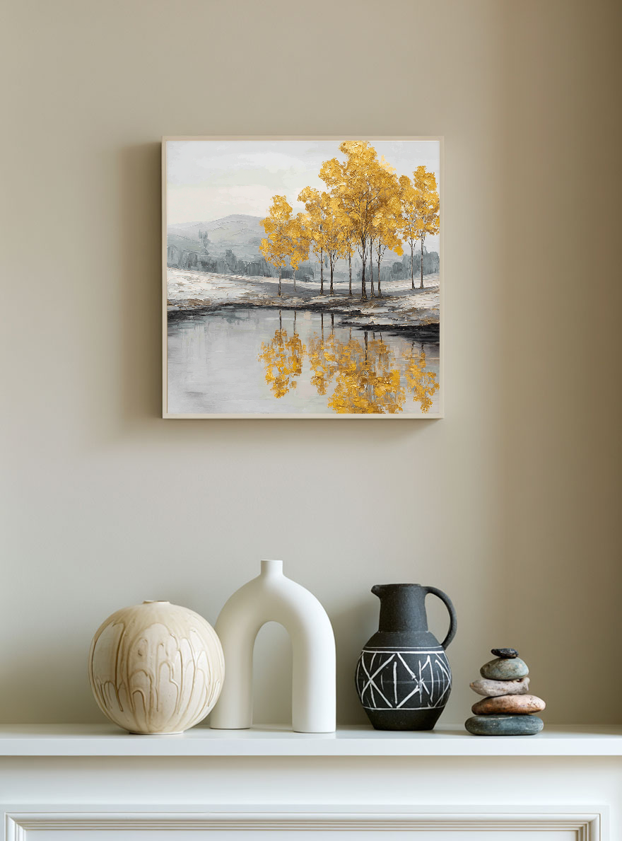 Golden Tree Reflection Landscape Wall Art Textured Impasto Framed Artwork Muted Grey White Lake Scene Wall Decor for Living Room Bedroom Office Dining Hallway
