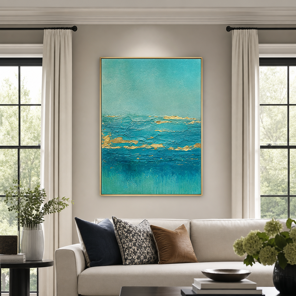 Teal Turquoise Gold Abstract Textured Acrylic Style Vertical Wall Art for Living Room