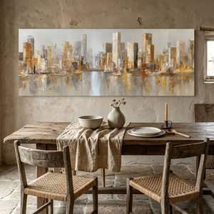 Abstract Modern Urban Cityscape Skyline Wall Art Gold and Grey Textured Panoramic Canvas Painting with River Reflection Elegant Minimalist Decor for Living Room Office Hallway Bedroom Dining Room