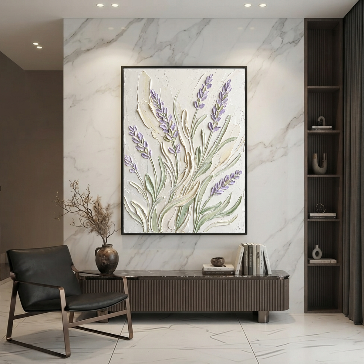 Textured Flower and Tree Soft Purple Cream Muted Green Acrylic-Style Vertical Wall Art for Bedroom
